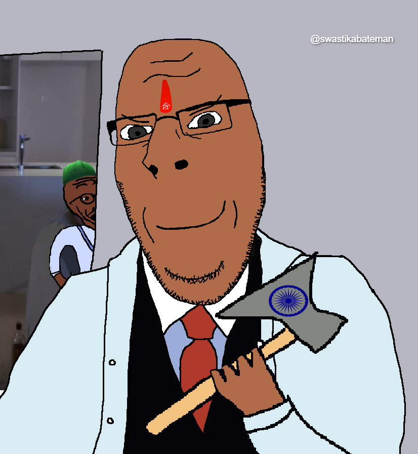patrick bateman, cobson, soyak, nucob, 2soyjaks, axe, brown eyes, brown skin, cleavage, closed mouth
