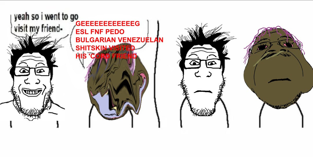 esl fnf pedo, bernd, markiplier soyjak, neutralplier, slopjak, brown skin, brown troonjak, bulgaria, closed mouth, comic