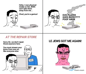 wojak, chudjak, markiplier soyjak, chudjak front, 5soyjaks, closed mouth, computer, disc player, frown, glasses