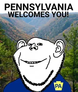 impish soyak ears, badge, clothes, ear, forest, irl background, pennsylvania, smile, soyjak, stubble