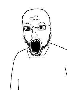 dollbud, bald, beard, glasses, looking at you, open mouth, soyjak, stubble, teeth, white background
