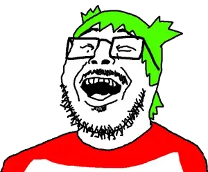 4chan, 4cuck, green hair, laughing, red shirt, white shirt