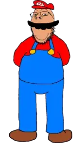 mario, gapejak, good boy, 1soyjak, black eyes, blue pants, button, chubby, closed mouth, clothes