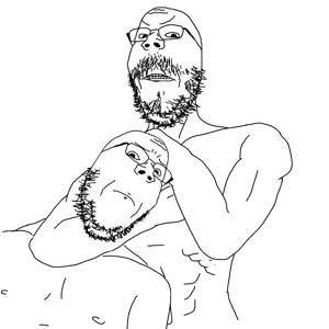gapejak, mustached gapejak, 2soyjaks, arm, buff, closed mouth, frown, glasses, hands, headlock