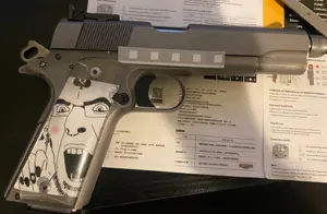 cobson, spadeson, spadeson, blush, chinese text, earring, glasses, gun, gun decal, nails