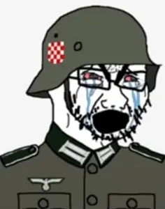 cryboy soyjak, selfish little fuck, bloodshot eyes, clothes, croatia, crying, glasses, hat, helmet, soldier
