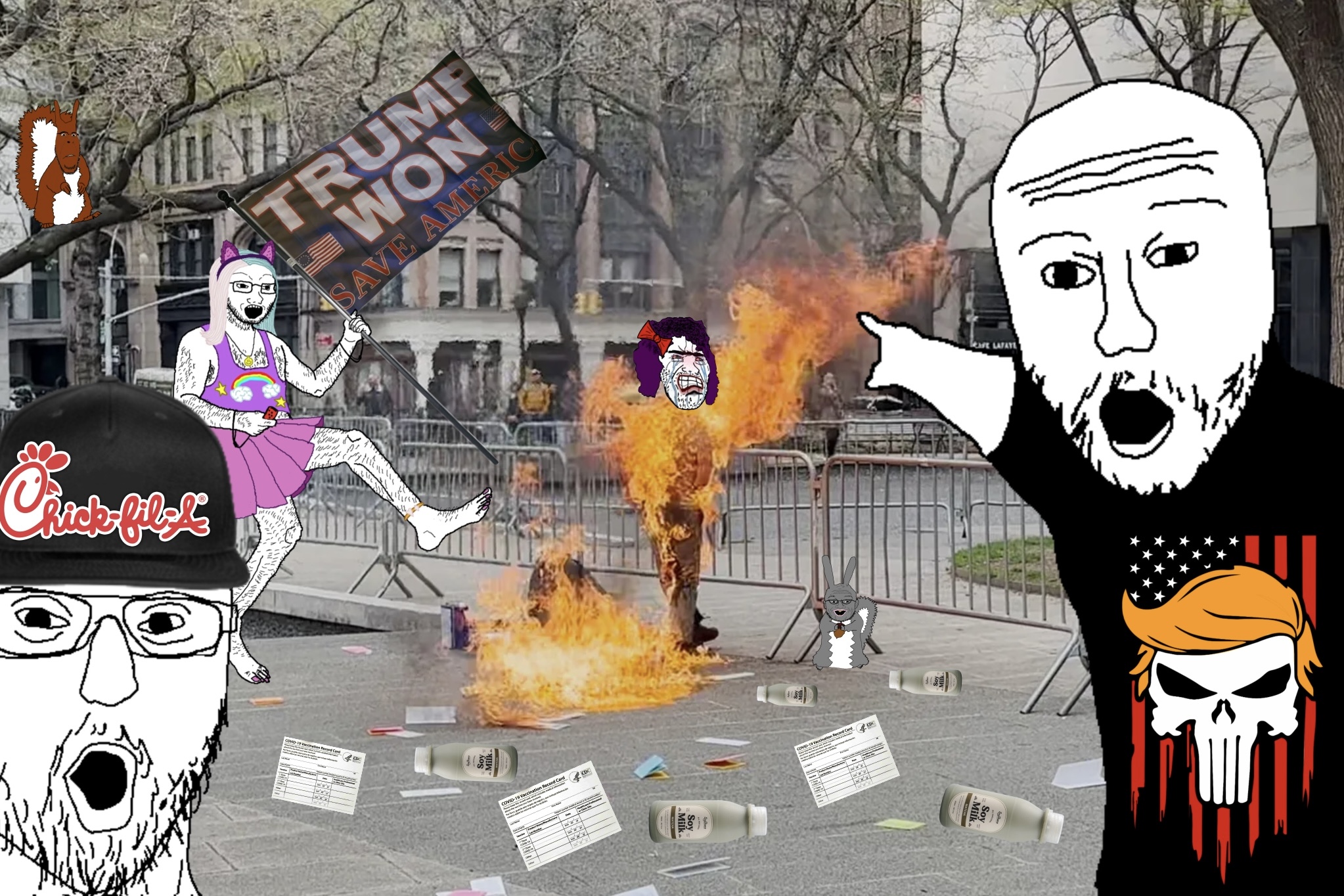 cobson, soyak, two pointing soyjaks, hornyson, squirreljak, animal, burned, clothes, coronavirus pandemic, fire