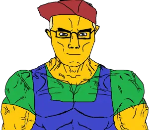 chudjak, chudjak front, muscular chud, /tv/, 1soyjak, blonde hair, blue overalls, buff, clothes, glasses