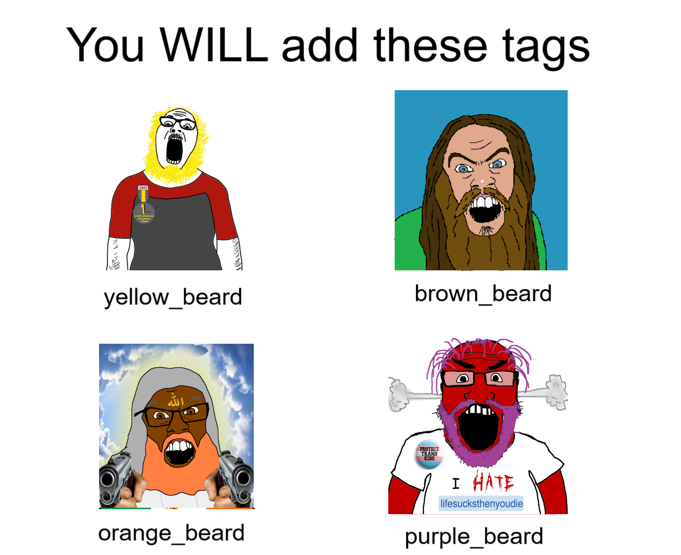 nate higgers, feraljak, ignatius, markiplier soyjak, science lover, natejak, 4soyjaks, blonde beard, brown beard, gun