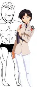 gapejak, wholesome soyjak, anime, brown hair, buff, clothes, full body, glasses, hair, hands