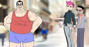 chudjak, bulge, comic, communism, enbie, female, girl, hair, hammer and sickle, pink hair