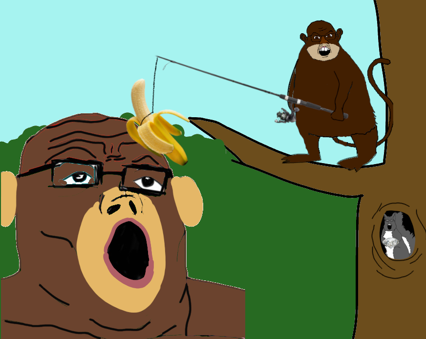 feraljak, markiplier soyjak, tony soprano soyjak, squirreljak, 3soyjaks, animal, ape, arm, banana, branch