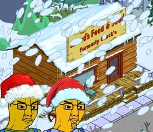 chudjak, 2soyjaks, beard, cartoon, christmas, closed mouth, glasses, santa hat, shop, sneed