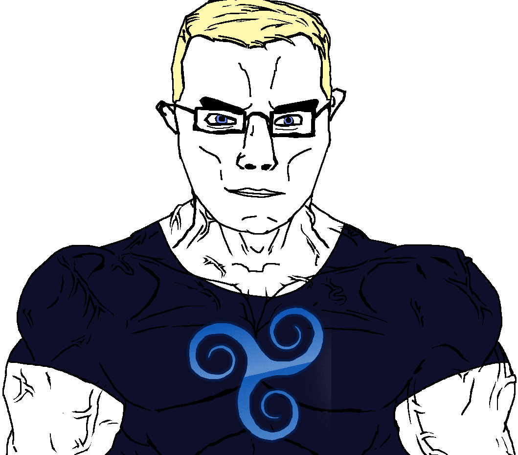 chudjak, chudjak front, muscular chud, aryan, a10 eyes, blonde hair, blue eyes, blue shirt, buff, chud