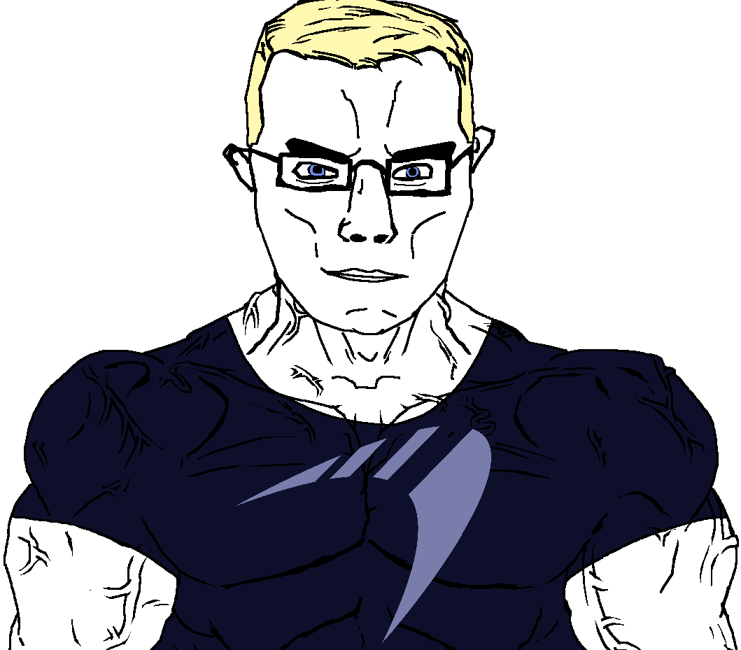 chudjak, chudjak front, muscular chud, aryan, a10 eyes, blonde hair, blue eyes, blue shirt, buff, chud