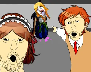 wojak, bernd, two pointing soyjaks, hanging troonjak, troonjak, ack, blood, bloodshot eyes, danganronpa another, hanging