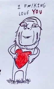 gapejak, wholesome soyjak, full body, glasses, heart, holding heart, i fucking love science, love, red, shadow