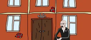 soyak, arm, bald, black pants, black shirt, brick, bruise, building, dirty, door