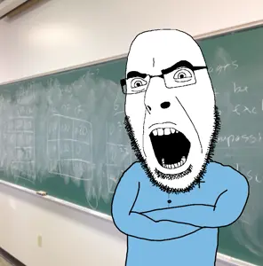 cobson, arm, blackboard, blue shirt, chalkboard, clothes, crossed arms, glasses, irl background, open mouth