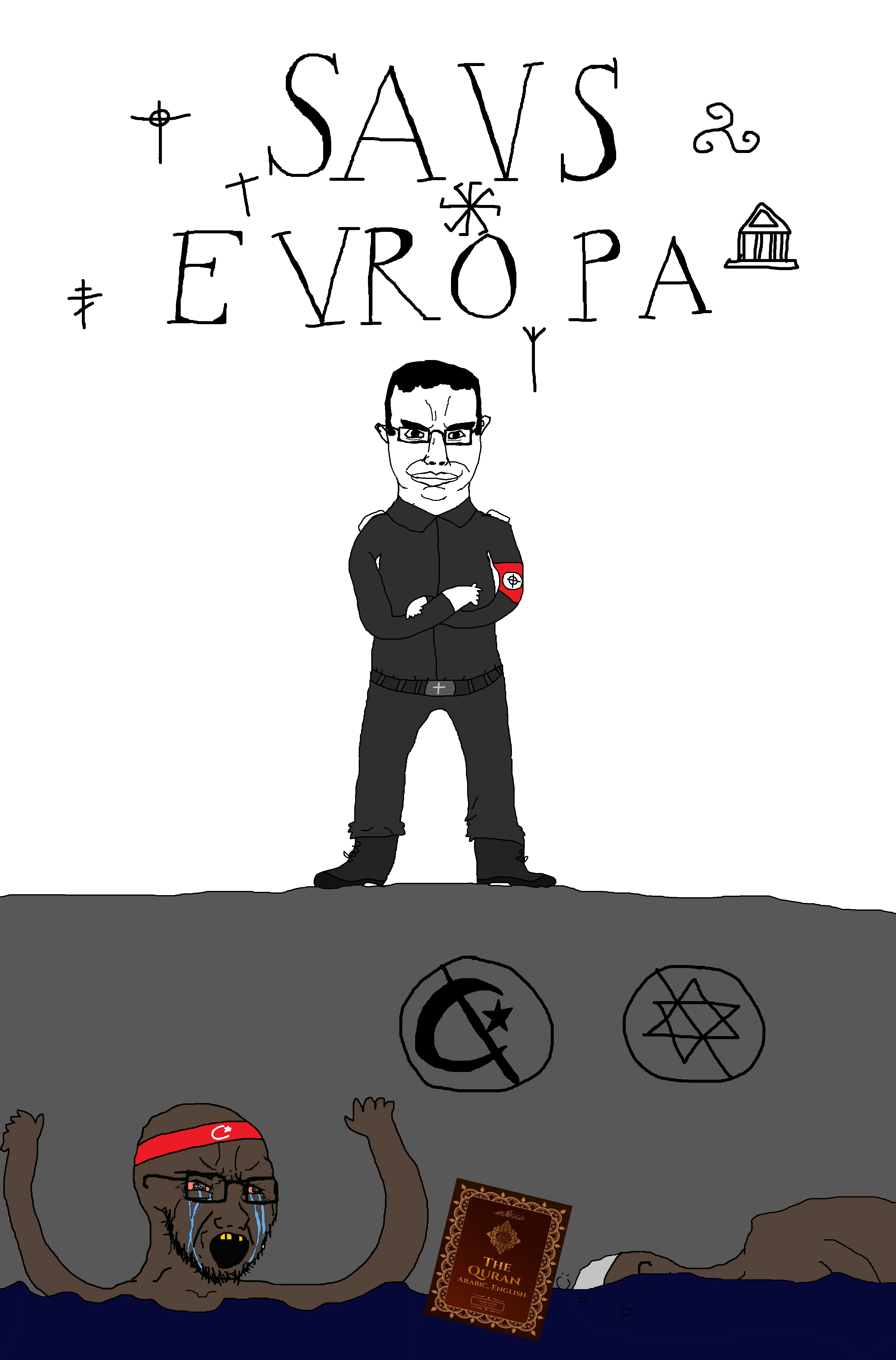 chudjak, soyak, arm, beard, black eyes, black pants, black shirt, bloodshot eyes, book, boot