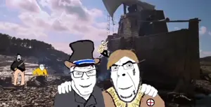 chudjak, cobson, feraljak, markiplier soyjak, smugjak, no more brother wars, 5soyjaks, animated, closed mouth, clothes