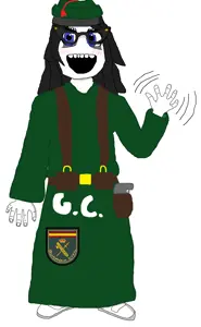 soytan, angry, arm, closed mouth, clothes, dress, ear, glasses, green shirt, guardia civil