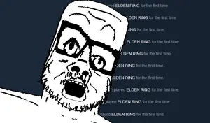 a24 slowburn soyjak, animated, distorted, elden ring, glasses, large eyes, mustache, open mouth, soyjak, stubble