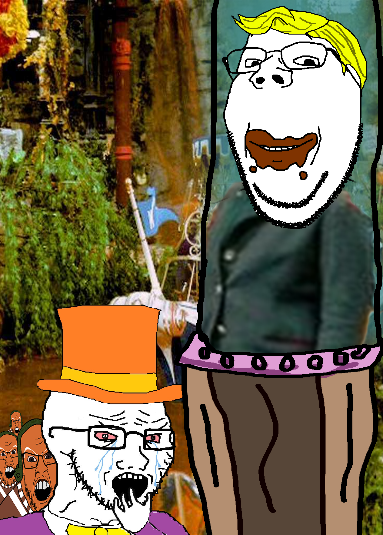 feraljak, gapejak, wholesome soyjak, 5soyjaks, augustus gloop, blonde hair, bloodshot eyes, boat, bowtie, candy