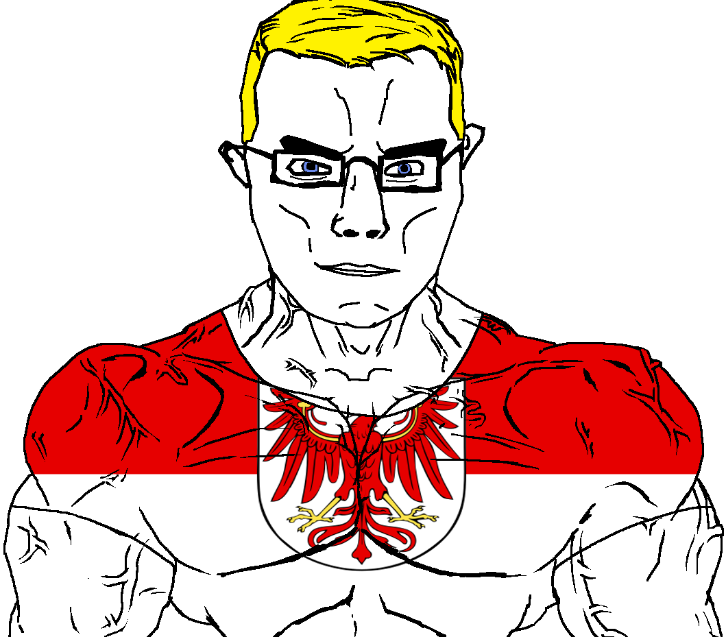 chudjak, chudjak front, muscular chud, arm, blonde hair, blue eyes, brandenburg, buff, closed mouth, clothes