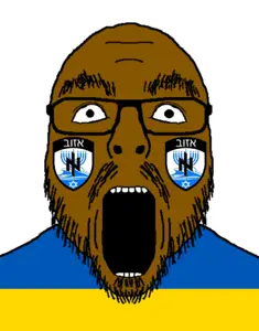 flartson, azov battalion, brown skin, country, flag, glasses, hohol, jewish star, menorah, open mouth