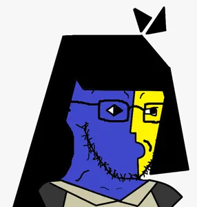 soyak, blue skin, cartoon, clothes, female, glasses, hair, no nose, soyjak, stubble