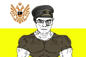 chudjak, chudjak front, muscular chud, arm, blue eyes, buff, cap, closed mouth, clothes, eagle