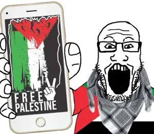 markiplier soyjak, phoneplier vertical, showing phone, arm, free palestine, glasses, hands, holding object, holding phone, iphone