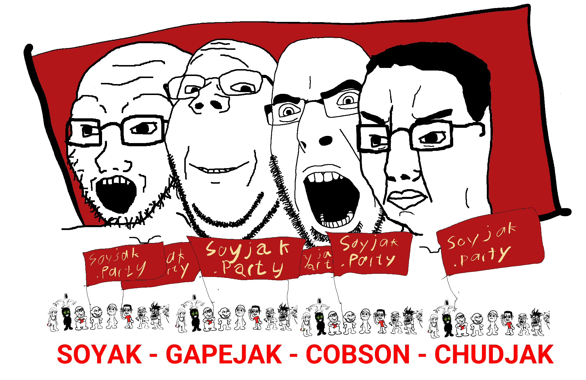 chudjak, cobson, feraljak, gapejak, impish soyak ears, soyak, wholesome soyjak, thougher, bald, black hair