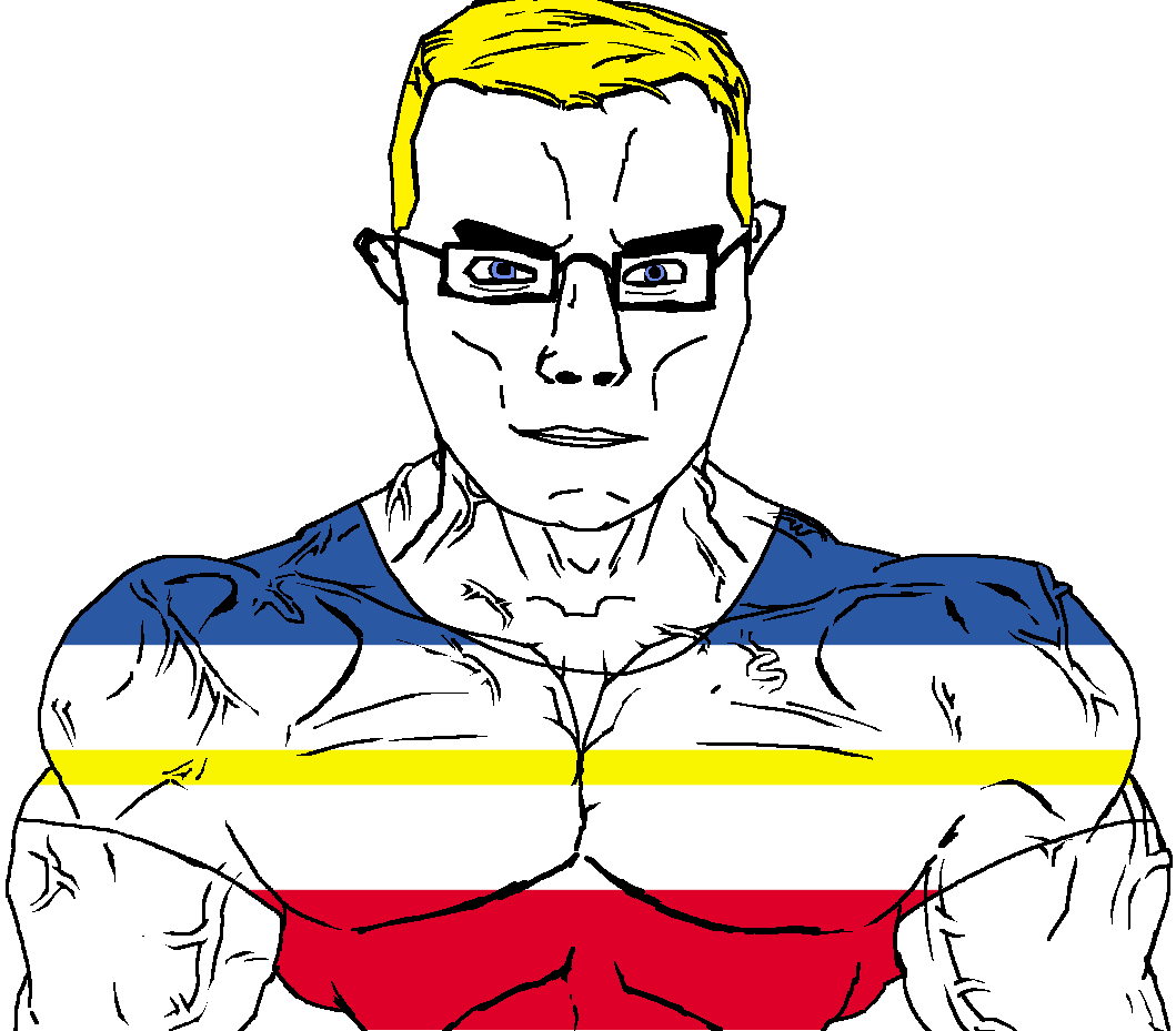 chudjak, chudjak front, muscular chud, arm, blonde hair, blue eyes, buff, closed mouth, clothes, flag