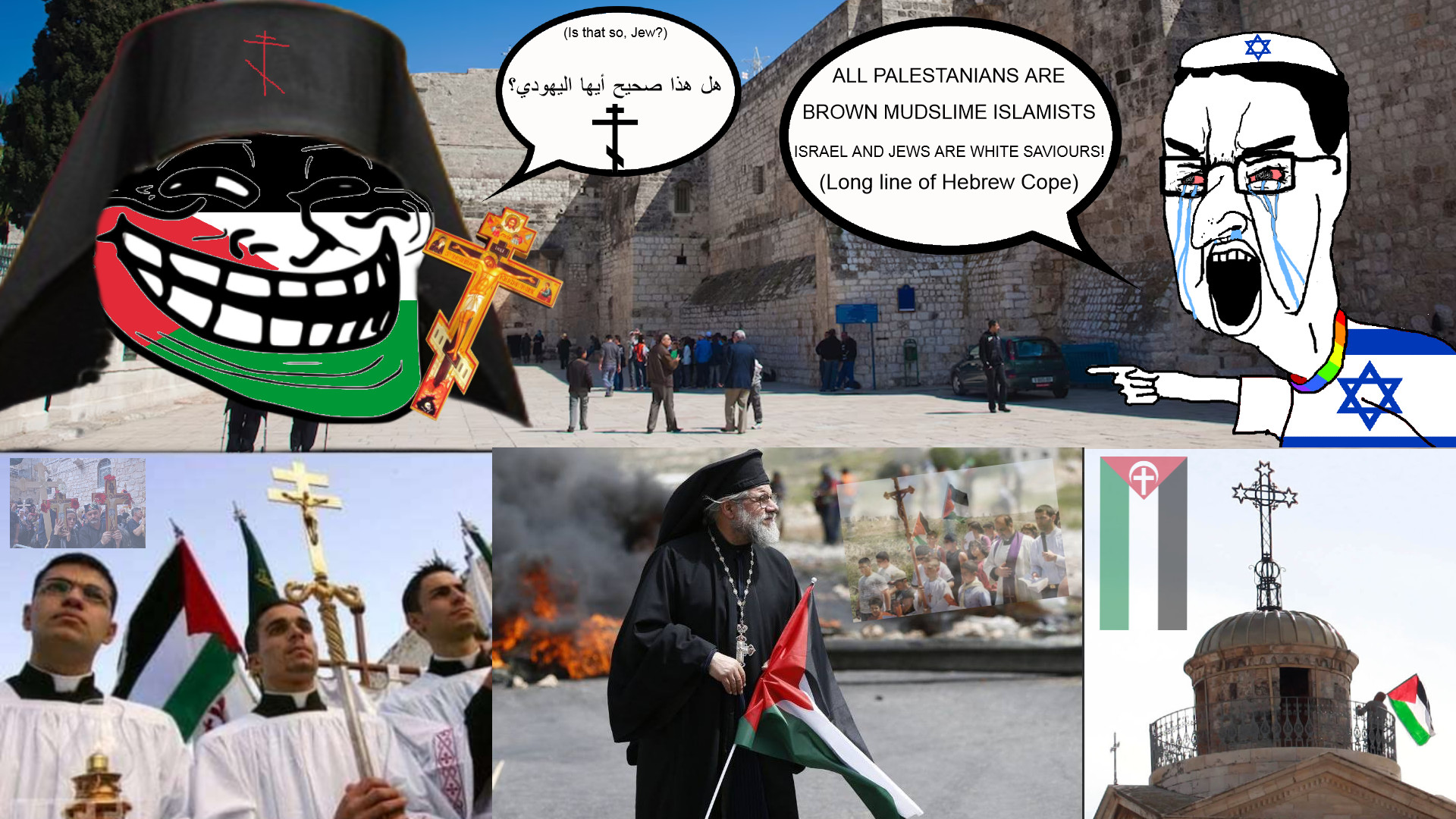 trollface, chudjak, angry, arabic, arabic text, bethlehem, black hair, bloodshot eyes, christian cross, christianity