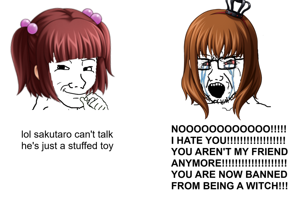 ange ushiromiya, maria ushiromiya, wojak, soyak, anime, anime girl, bloodshot eyes, brown hair, crown, crying