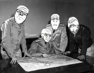 a24 slowburn soyjak, gapejak, markiplier soyjak, soyak, mustached gapejak, 4soyjaks, arm, chester w nimitz, closed mouth, clothes