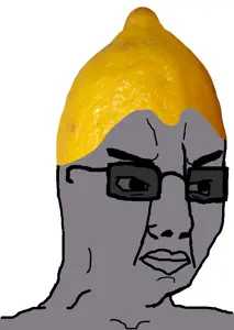 chudjak, closed mouth, food, fruit, glasses, gray skin, grey teeth, lemon, soyjak, tinted glasses