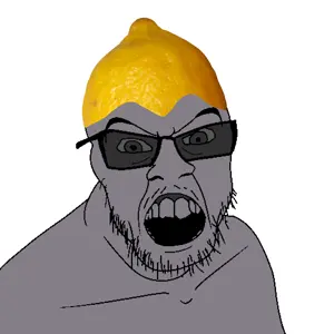 feraljak, angry, food, fruit, gray skin, grey teeth, hair, lemon, mustache, open mouth