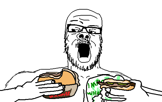 a24 slowburn soyjak, arm, burger king, daym drops, eating, food, glasses, hamburger, hands, holding object