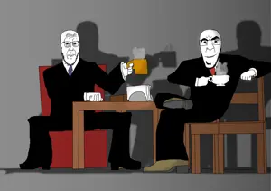 cobbert, godjak, 2soyjaks, bald, chair, closed mouth, clothes, coffee, cup, detective