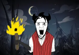 godjak, cloud, fire, forest, glasses, hair, jacket, moon, open mouth, sky