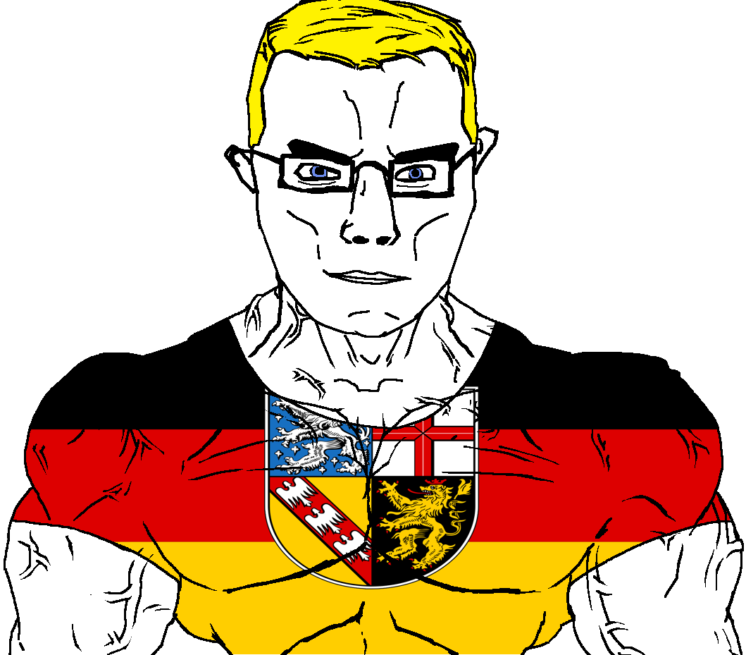 chudjak, chudjak front, muscular chud, arm, blonde hair, blue eyes, buff, closed mouth, clothes, flag