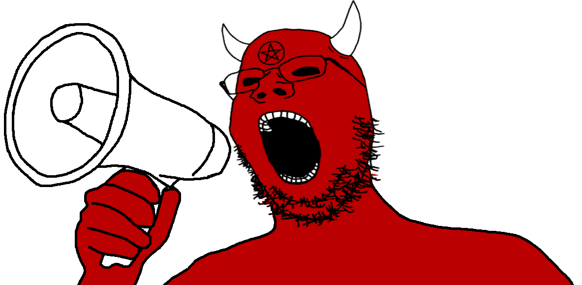 gapejak, bald, black sclera, demon, facial mark, forehead mark, glasses, hands, holding object, horns