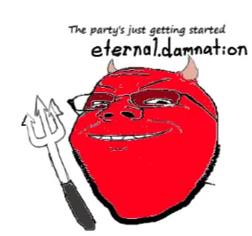 gapejak, wholesome soyjak, demon, distorted, evil, glasses, horns, large mouth, pitchfork, red skin