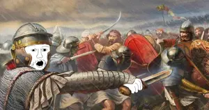 two pointing soyjaks, arm, armor, art, chain mail, classical art parody, clothes, hands, hat, helmet