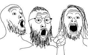 unknown, 3soyjaks, arm, aunty donna, glasses, hair, hands, open mouth, pointing, soyjak