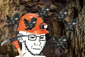 soyak, animal, bird, cave, closed mouth, coal, ear, frown, glasses, irl background