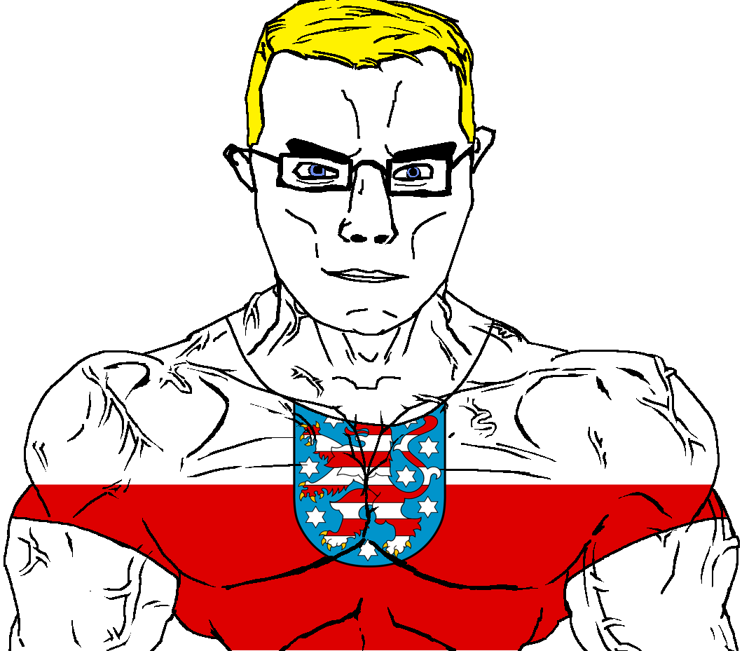 chudjak, chudjak front, muscular chud, animal, arm, blonde hair, blue eyes, buff, closed mouth, clothes